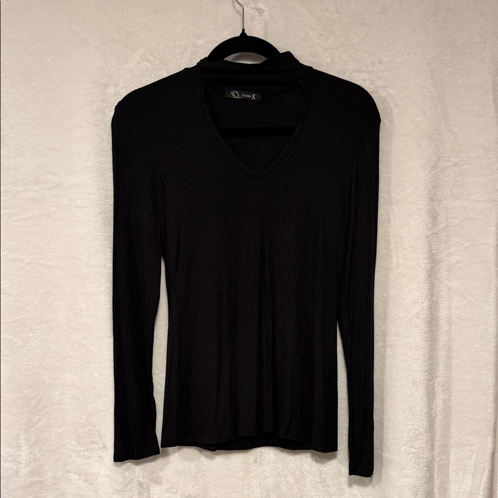 Urban Outfitters Black Ribbed V-Neck Long Sleeve Top